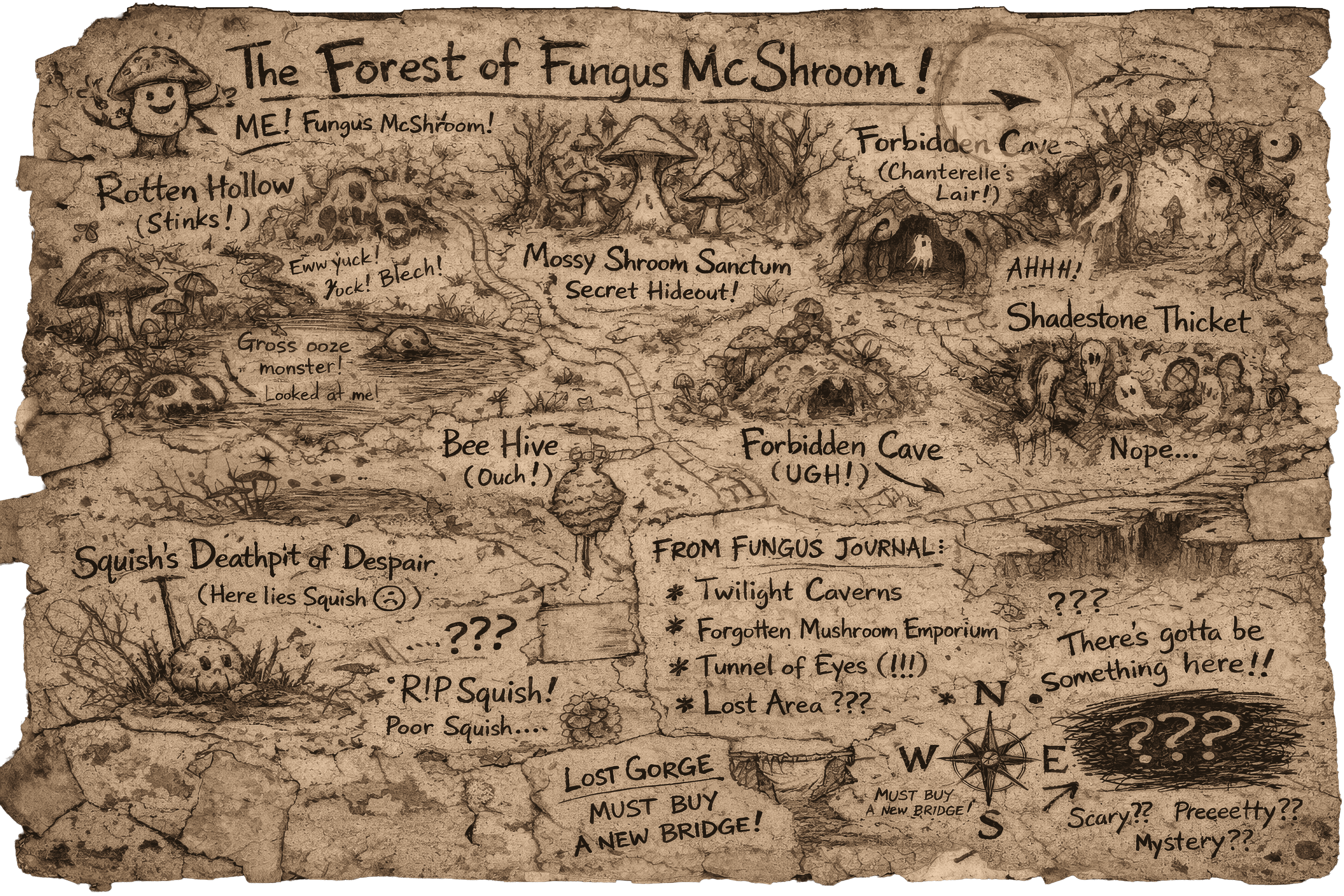 Illustrated map of the Fungus McShrooms world, with forests, paths, and whimsical landmarks.